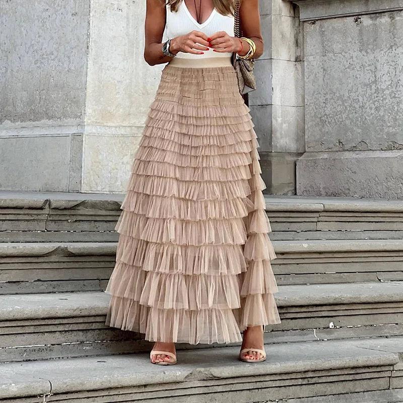 Women's Romantic Tulle Maxi Skirt with Ruffles and Elastic Waist