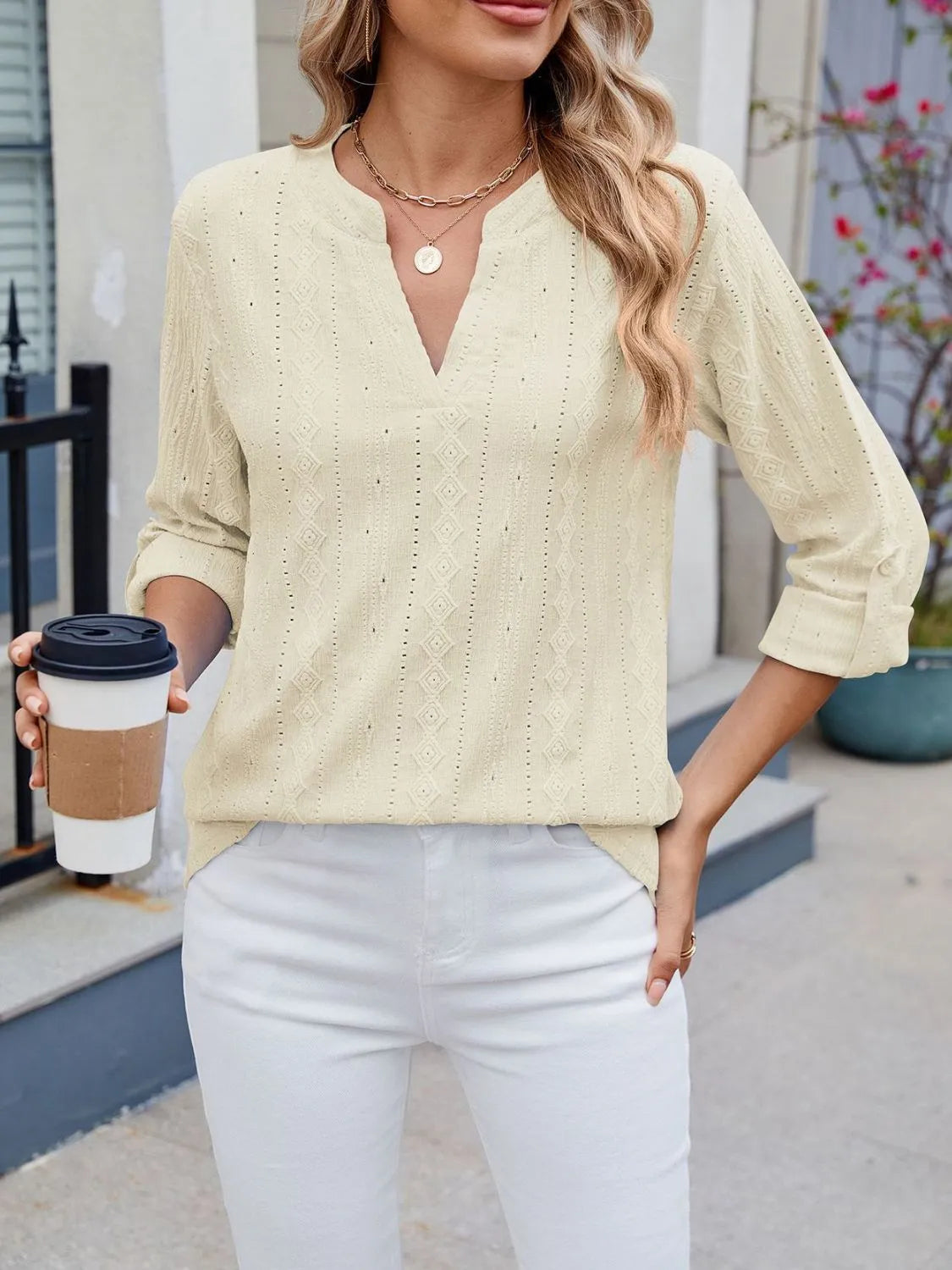 Blouse Top Eyelet Roll-Tab Sleeve Chic Split Neck Boho