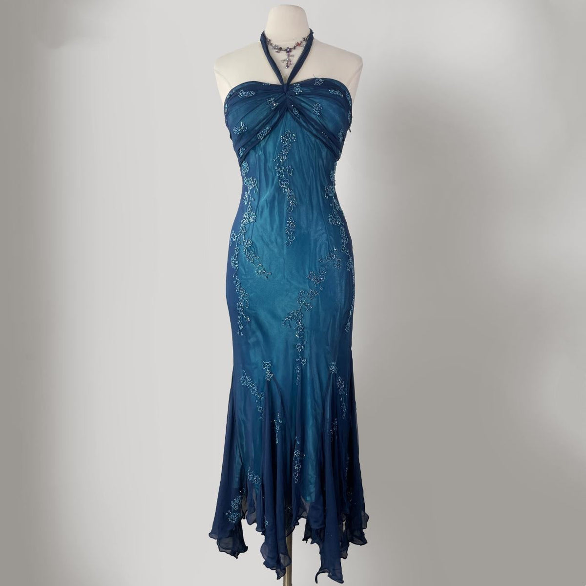 Dark Blue Fairy Mermaid Beaded Long Chiffon Formal Prom Evening Dress Wedding Guest Party Gown Dress Greek Halter Neck