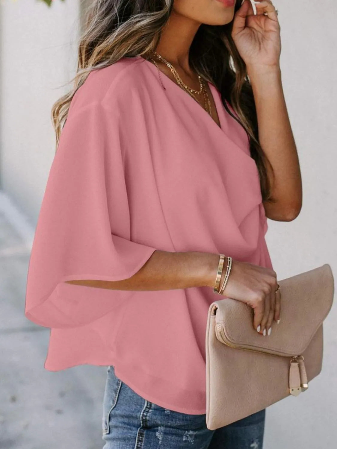 Basic Blouse Top Ruched Chic Draped Neck Casual Boho