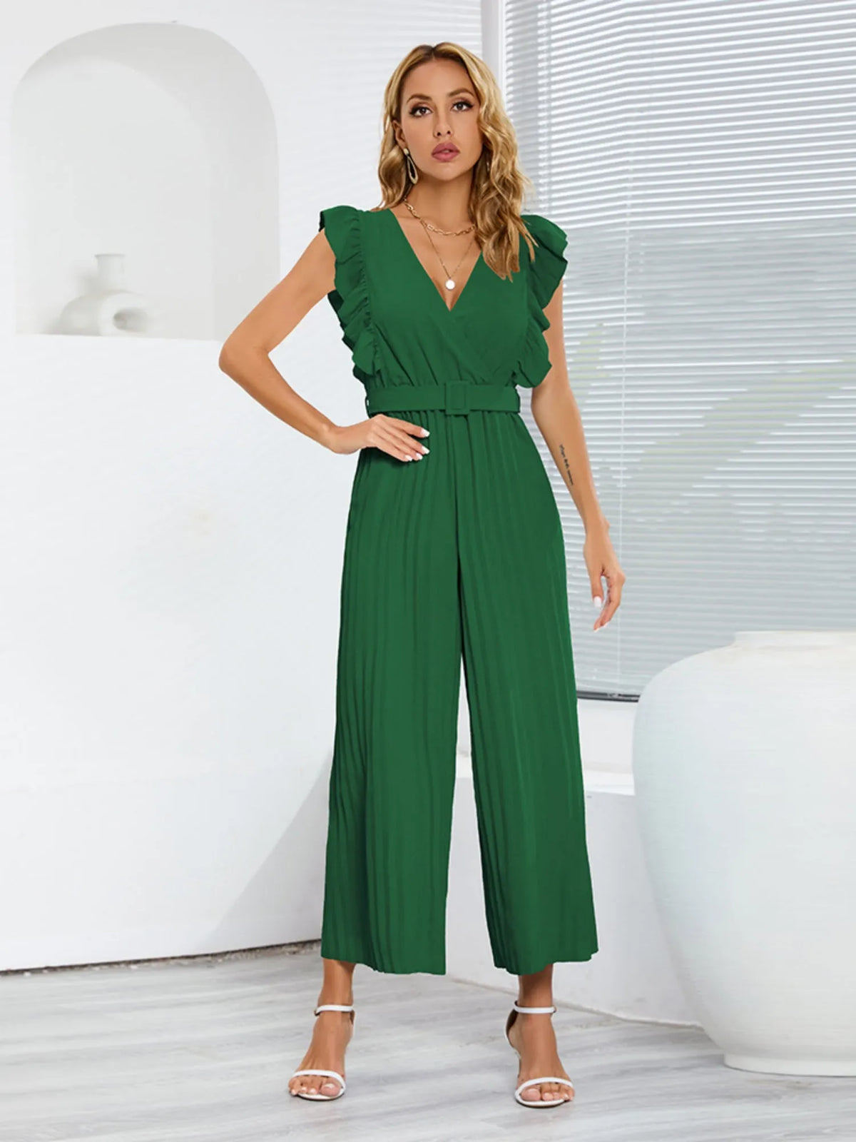 Ruffled V-neck High-waisted Sleeveless Pleated Belt Jumpsuits