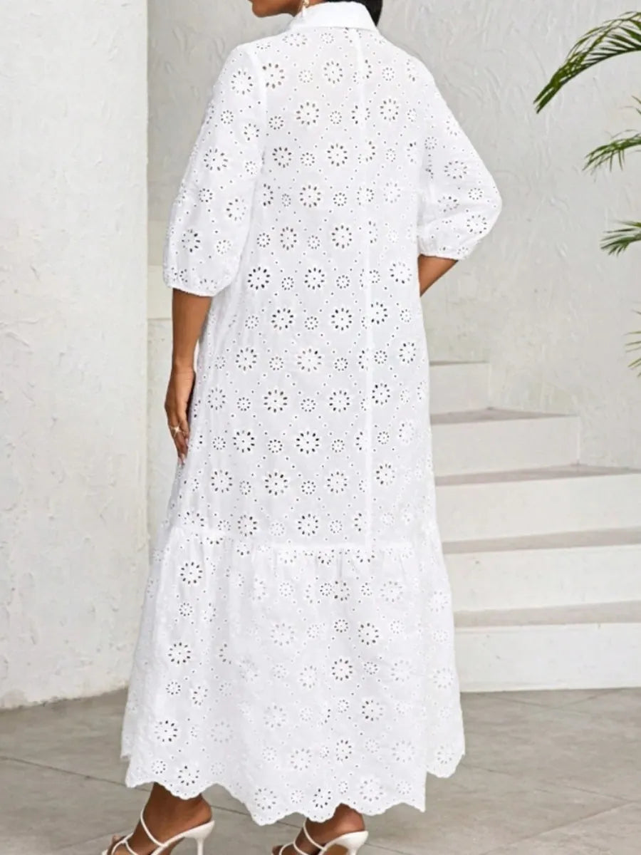 Three-quarter Sleeve Loose Shirt Collar Hollowed-out Lace Long Dress