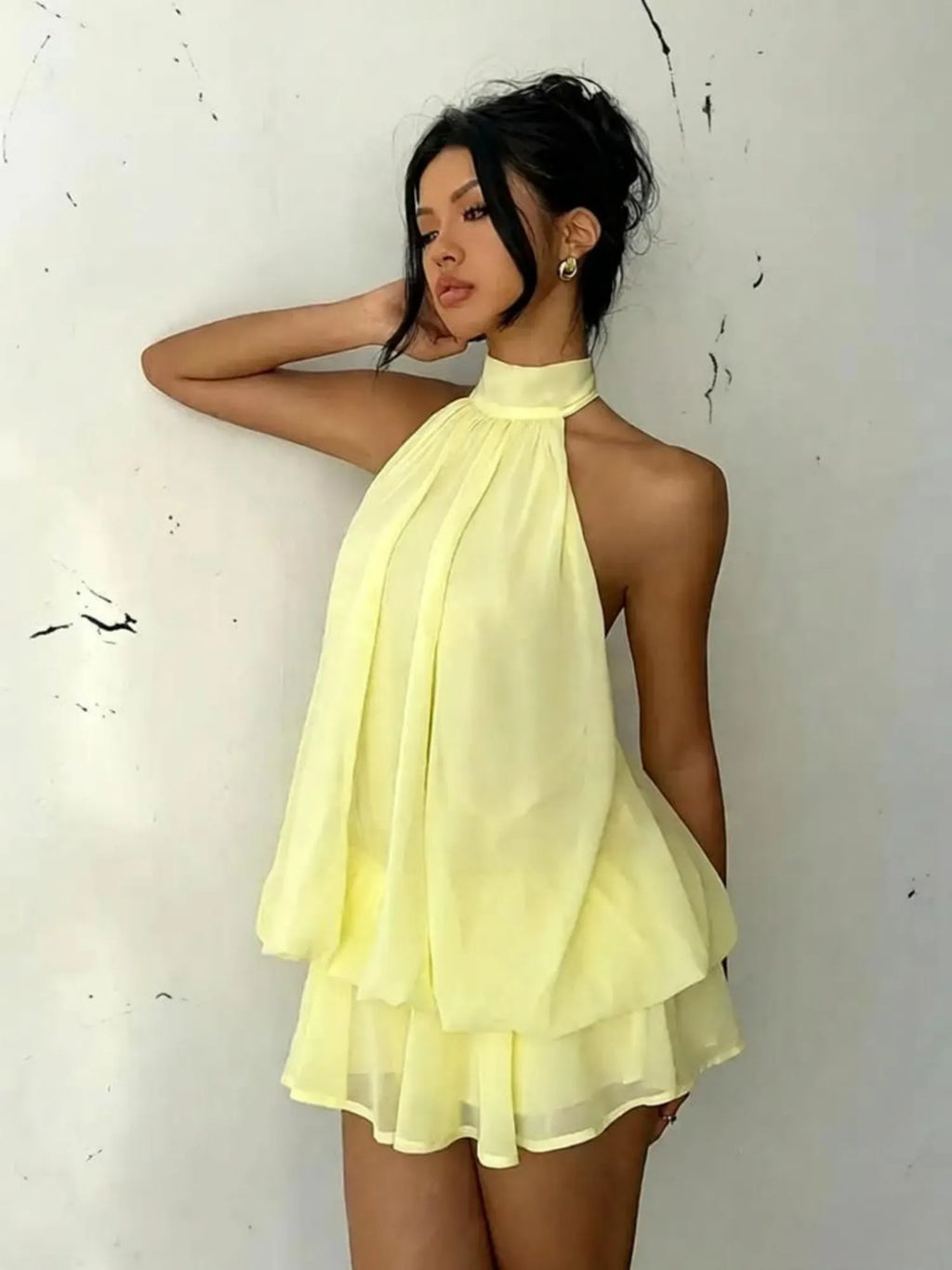 Chiffon Ruffle Halter Neck And Backless Mini&Short Dresses
