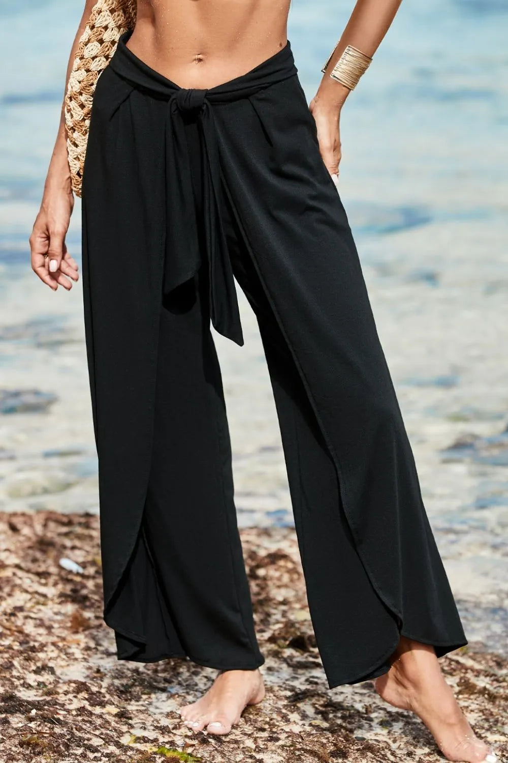 Pants Relaxed Fit Split Leg Knotted Tie Waist Casual