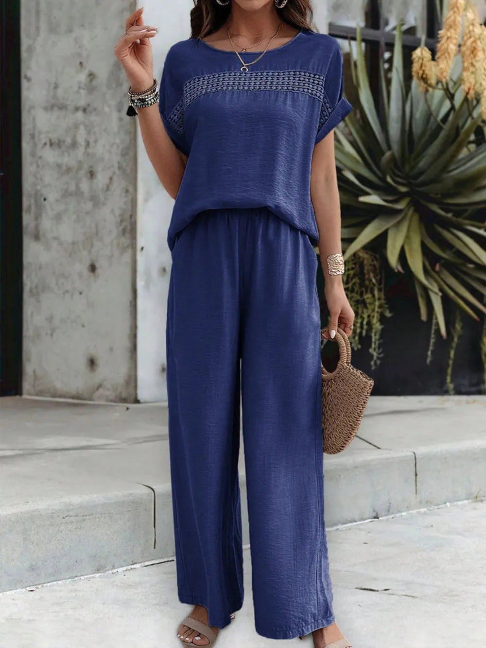 Outfit Set Summer Comfort Round Neck Top and Wide Leg Pants