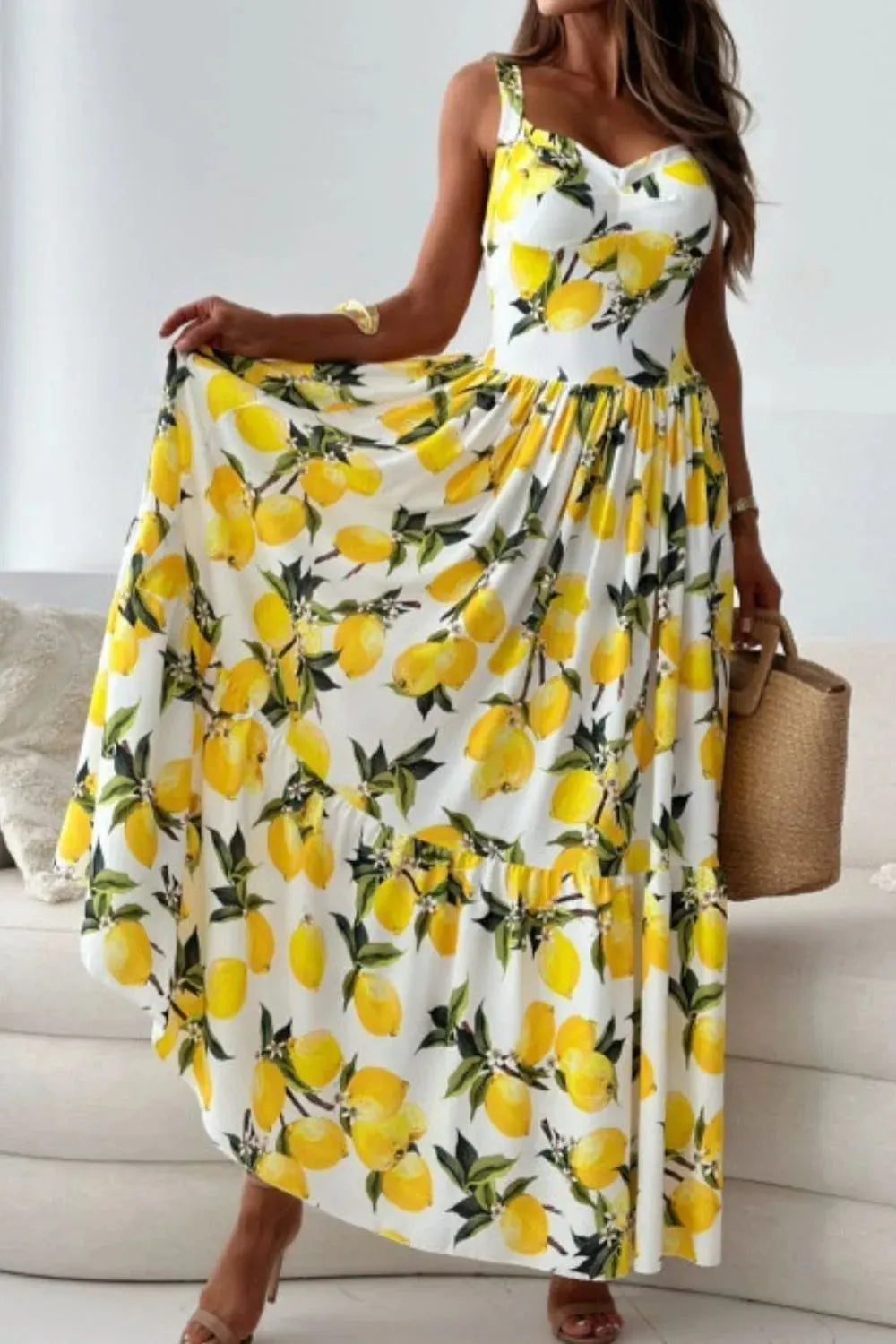 Maxi Dress Sweetheart Neck Casual Lemon Print Beach Resort