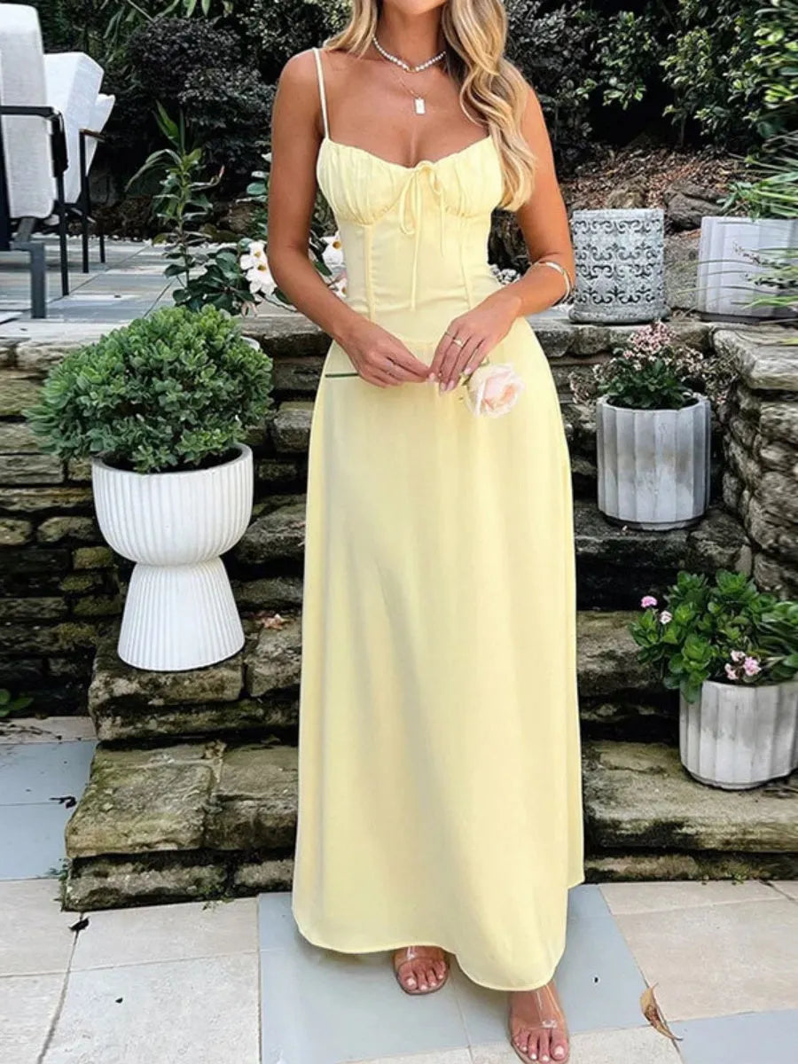 Lace-up A-line Solid Color Suspender Long Dress