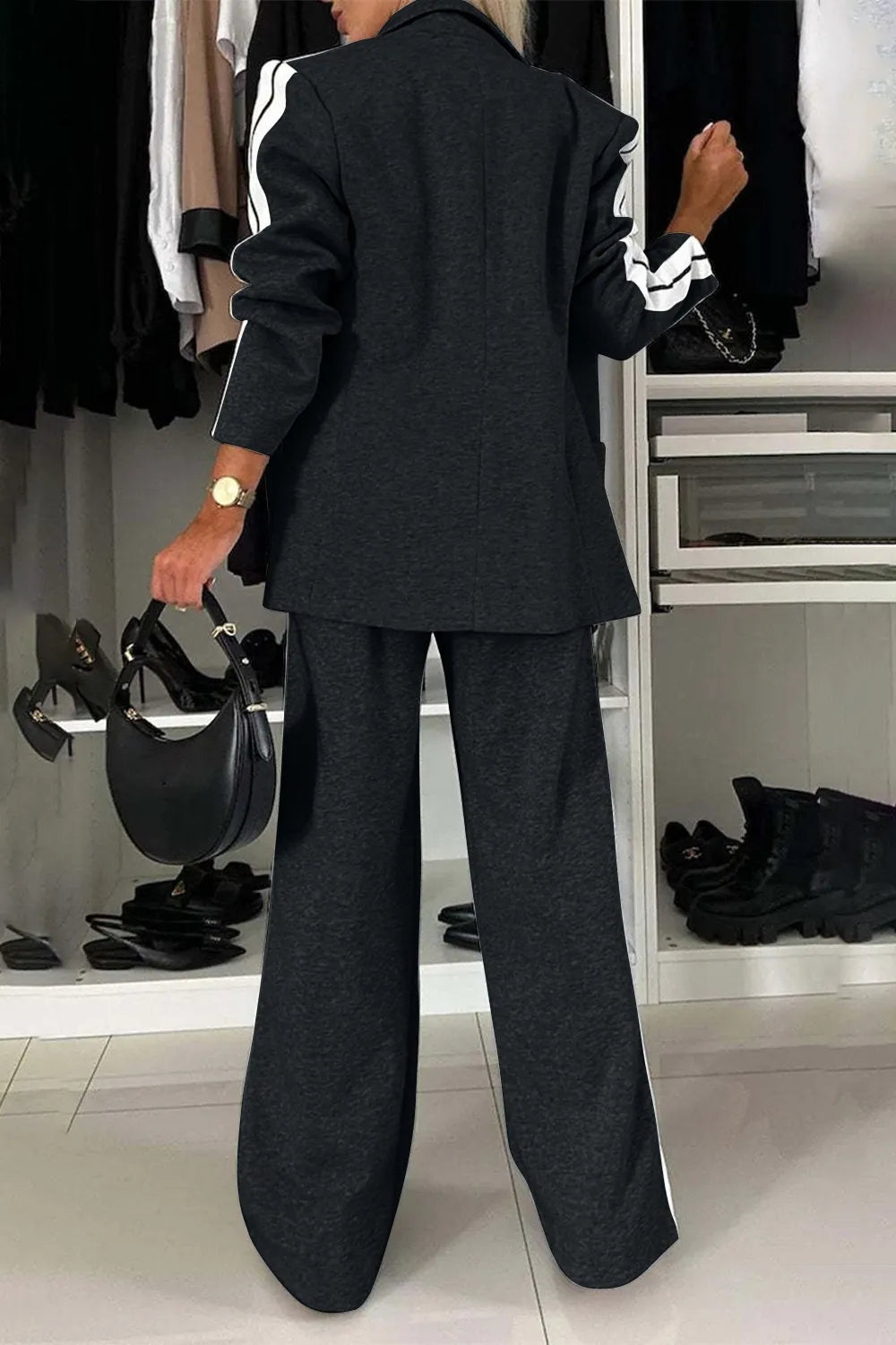 Two-Piece Outfit Set Plus-Size Lapel Top and Comfort Pants