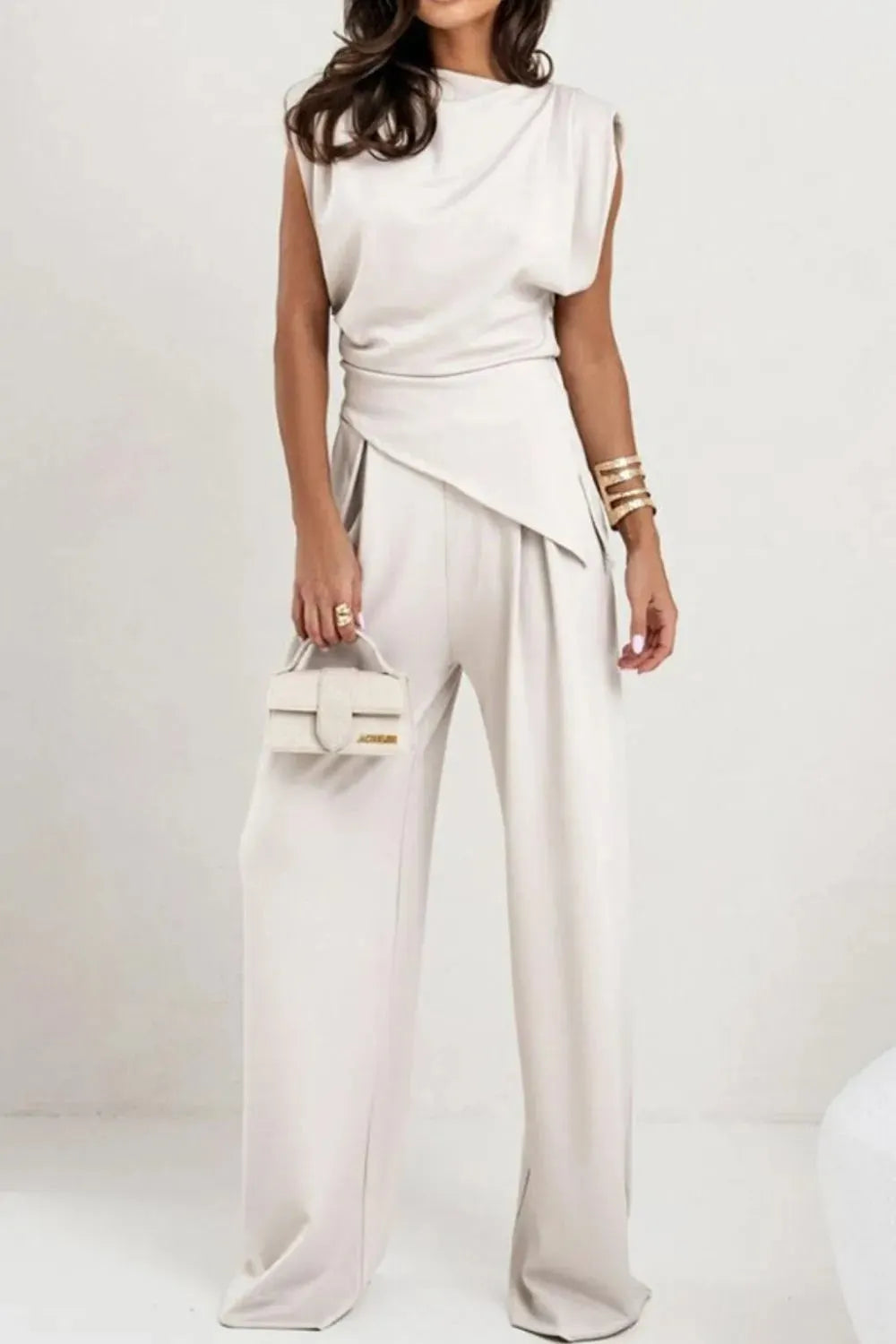 Two-Piece Outfit Set Trandy Sleeveless Top & Wide Leg Pants