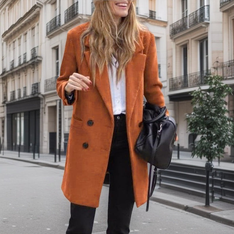 Women's Chic Bouclé Coat with Double-Breasted Button Closure