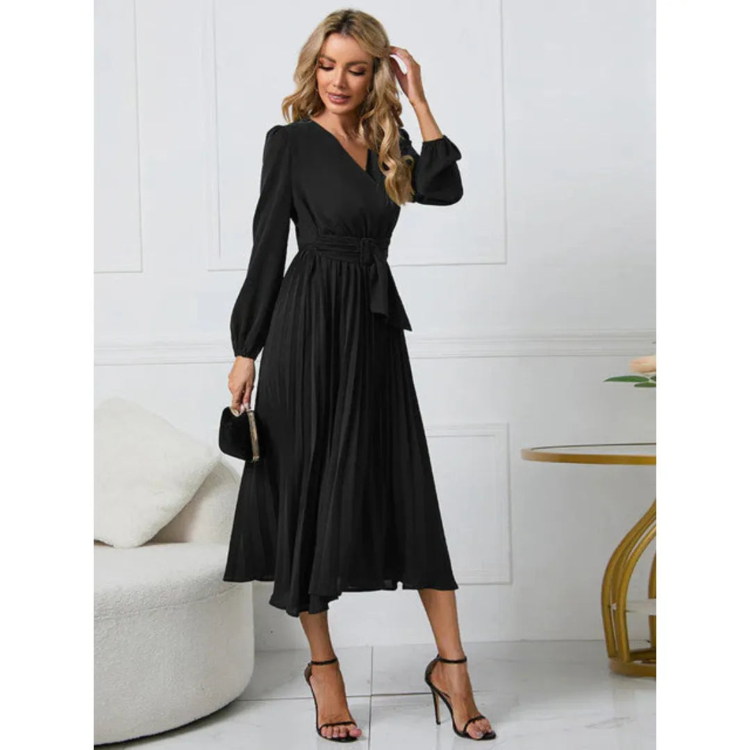 Elegant Women’s Midi Dress With Long Sleeves And Waistband