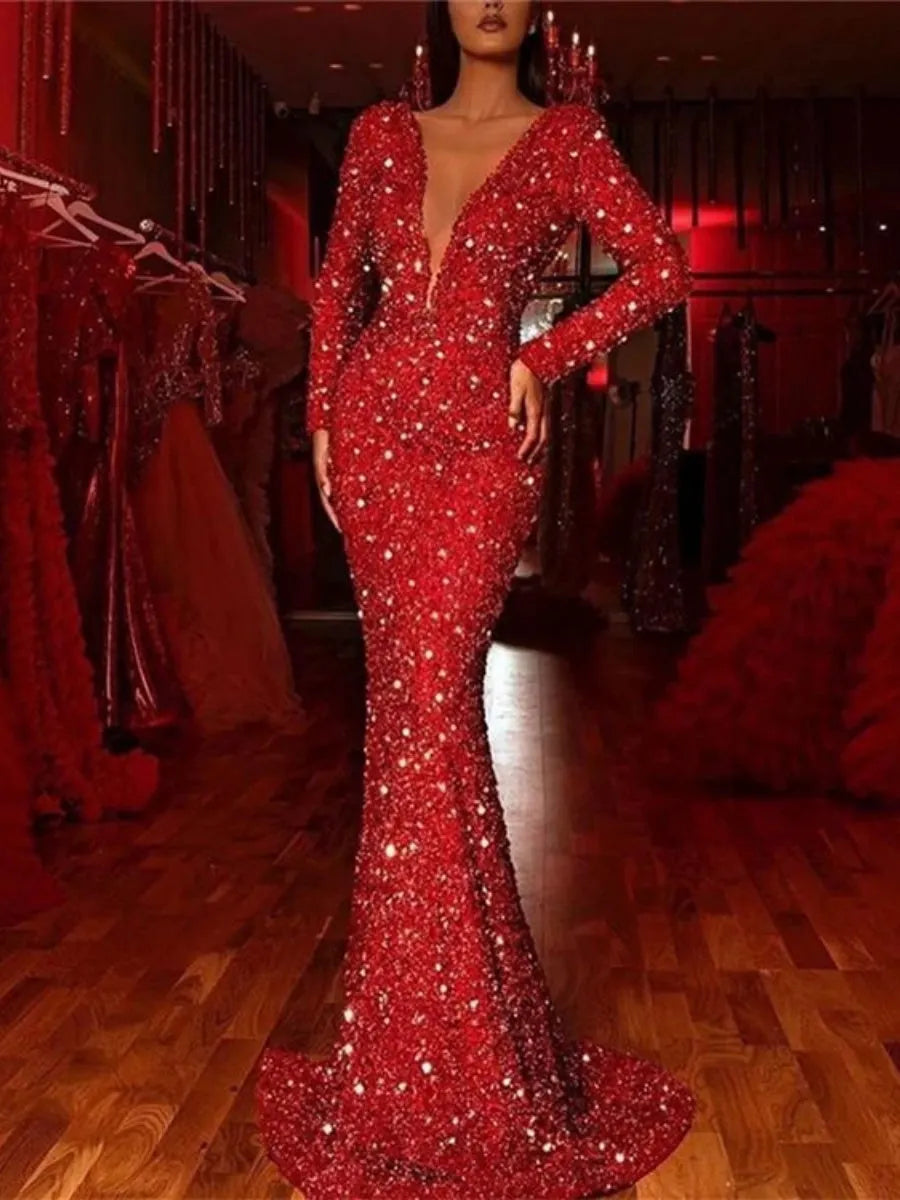 V-neck Long Sleeve Glitter Fishtail Edge Maxi Dresses