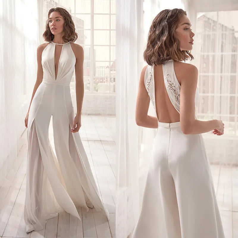 Elegant White Women's Gala Jumpsuit with Deep V-Neck and Wide Legs