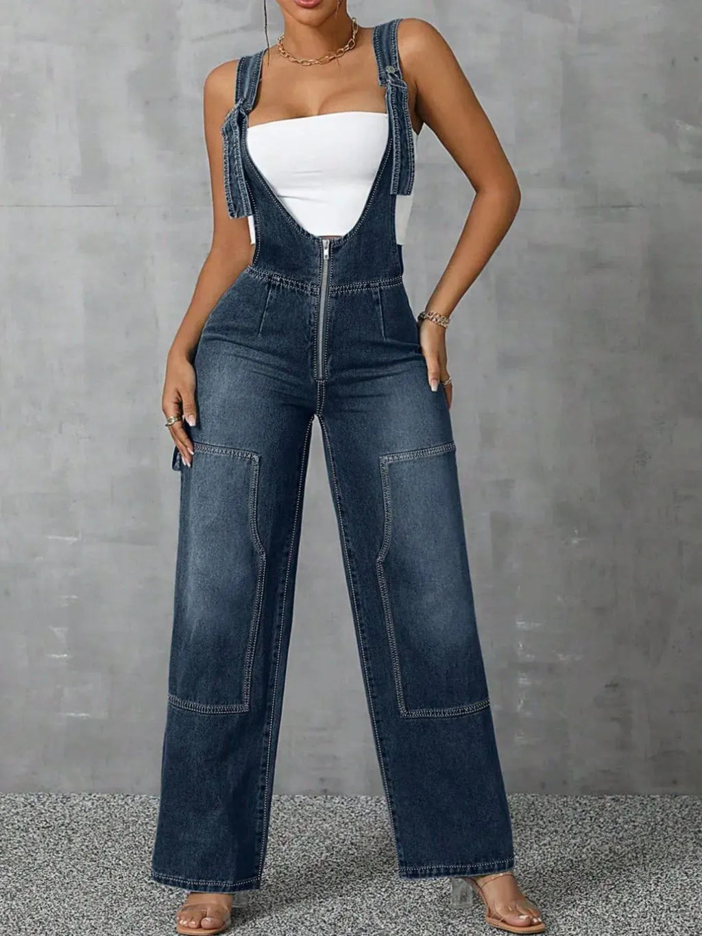 Zip Front Denim Overalls – Wide Strap Street Style