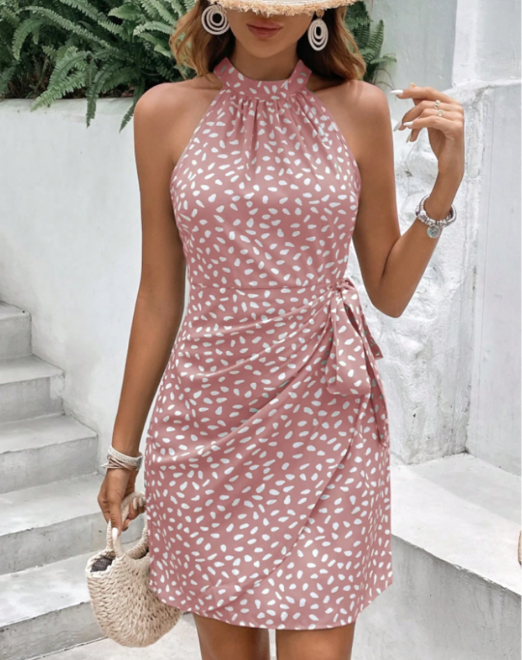 Women's Summer Halter-Neck Dress with Print and Bow Detail