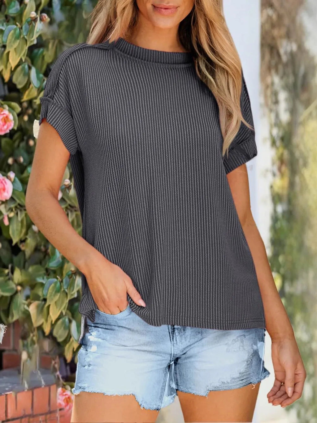 T-Shirt Casual Ribbed Knit Loose Fit Everyday Athleisure