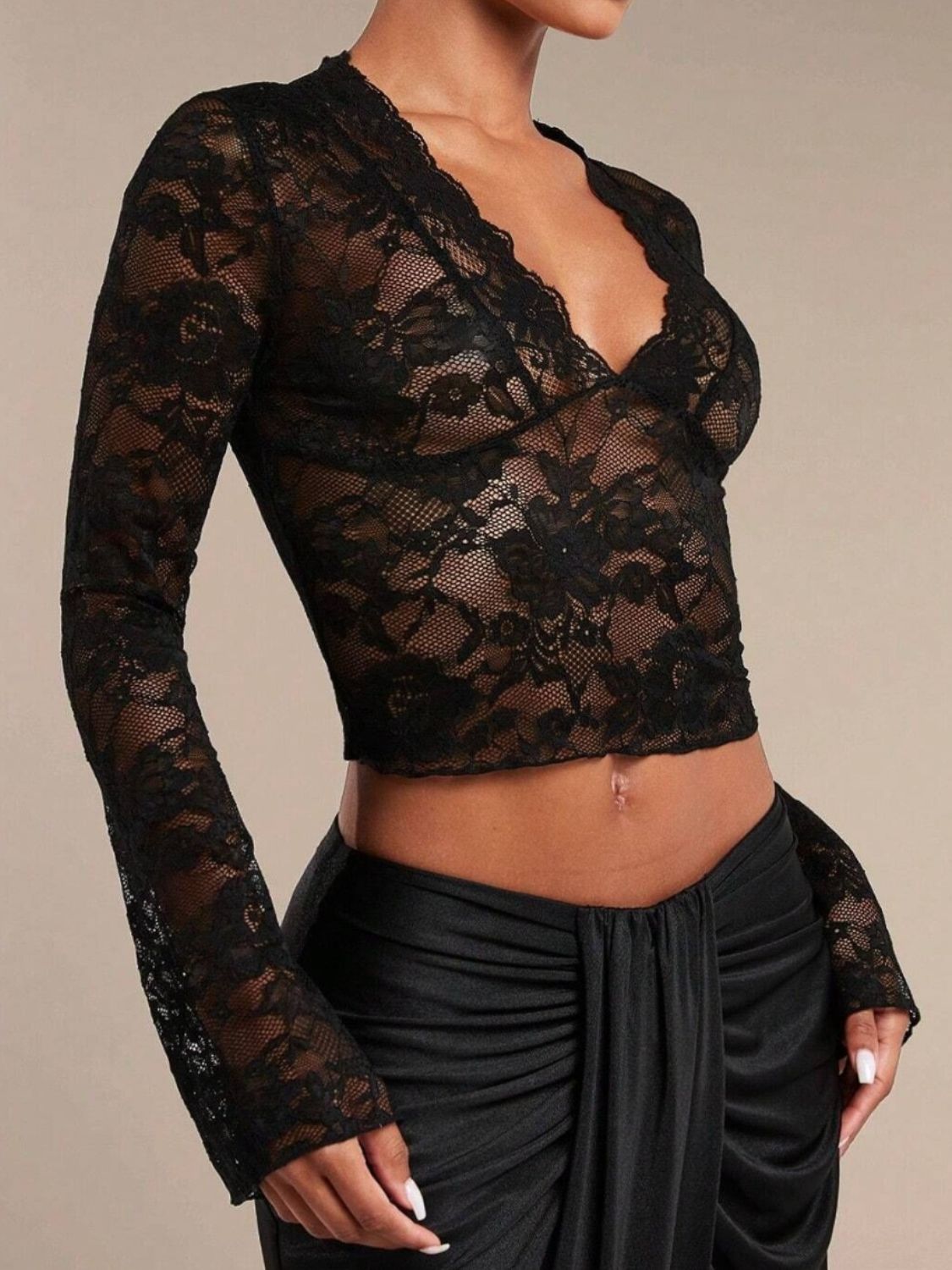 Sheer Lace Blouse Flare Sleeves Slightly Stretchy