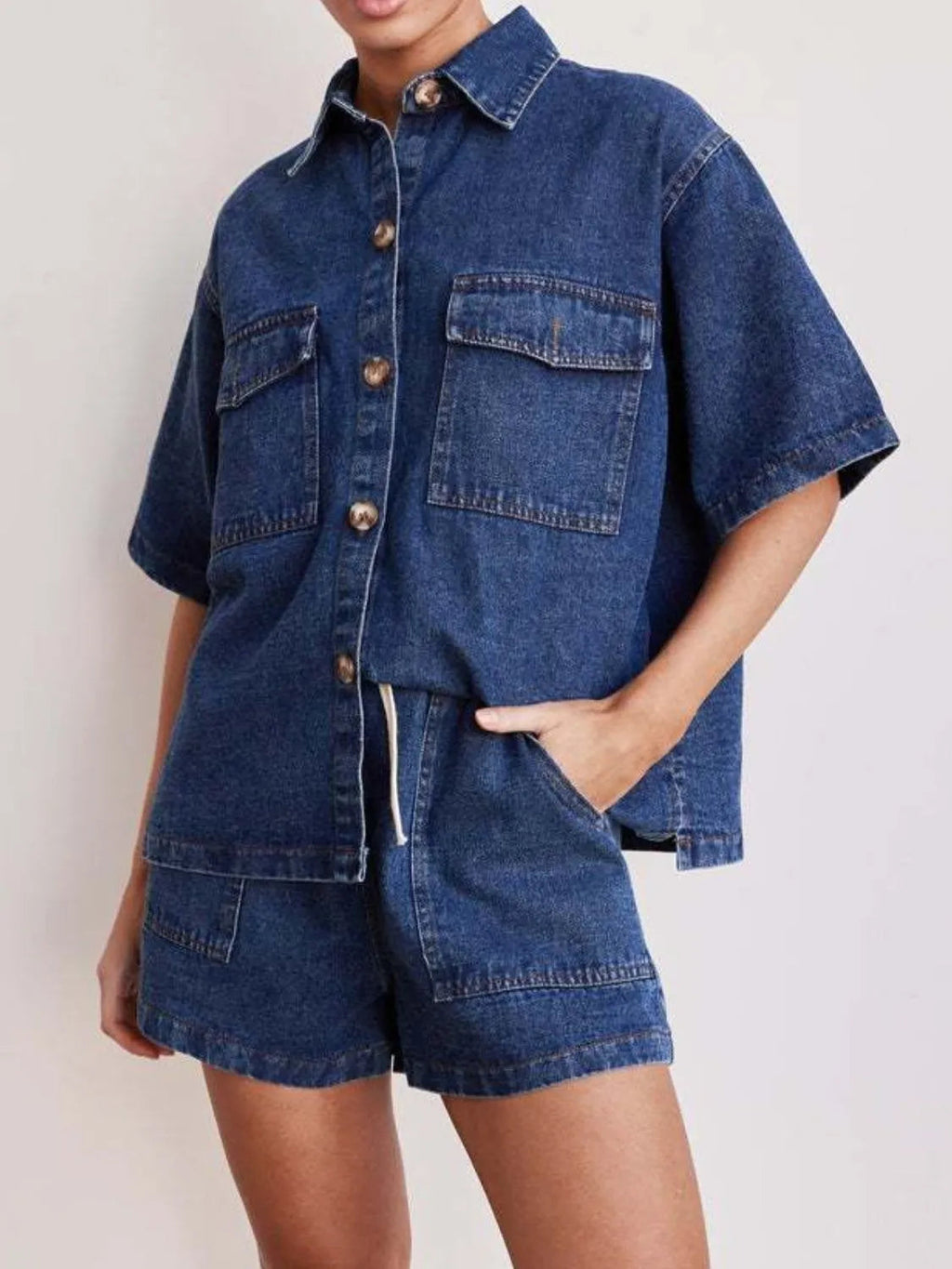 Denim Button-Up Top & Shorts Set