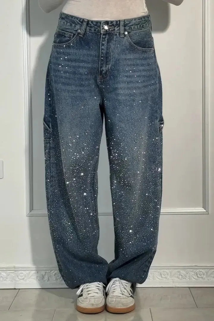 Women's High-Waisted Straight Jeans with Glitter