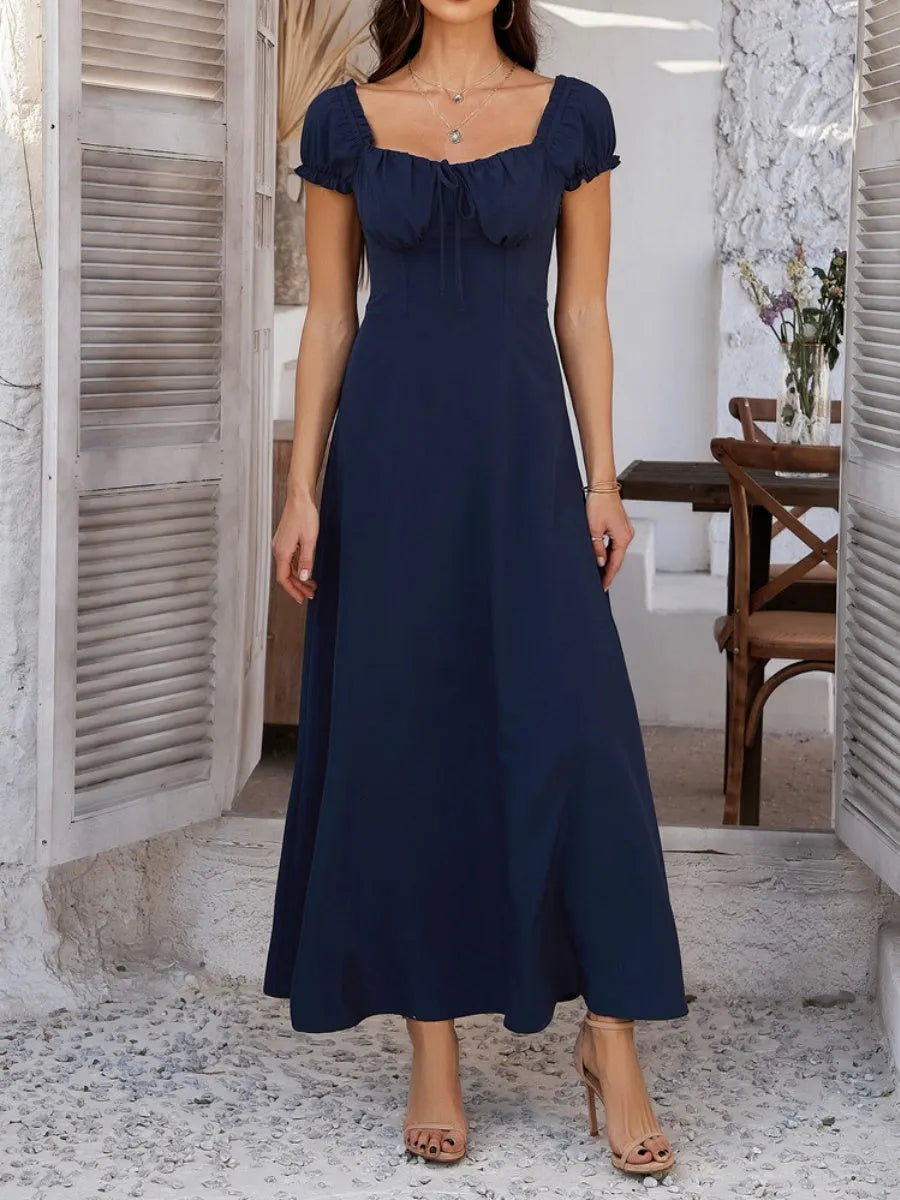 Tie-waist Ruched Puff Sleeve Long Dress