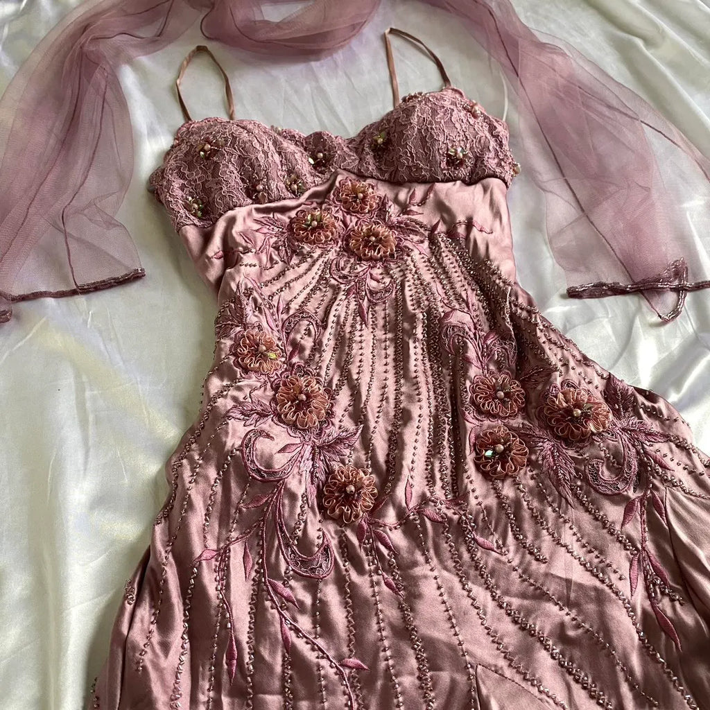 Pink Purple Retro Fashion Beautiful Dreamy Exquisite Floral Beaded Spaetti Straps Short Mid-Length satin Prom Dress Evening Party Dress Prom Dress Homecoming Dress