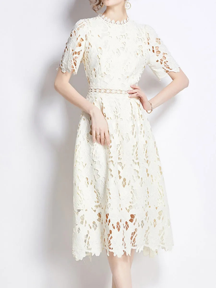 Water-soluble Lace Short-sleeved Slim-fit Midi Dress