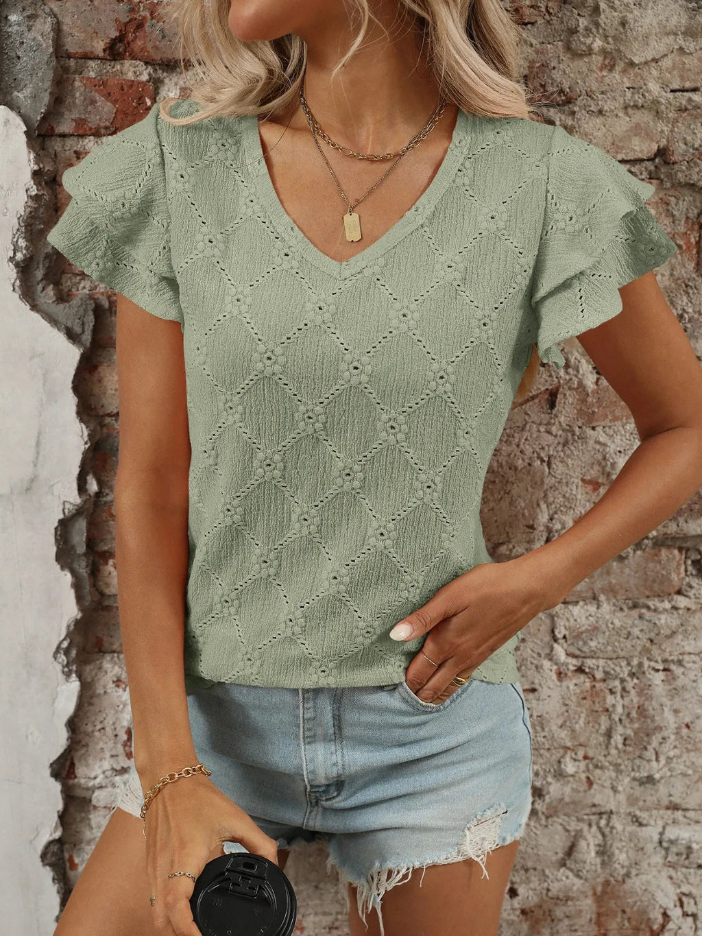 Blouse Top Boho Eyelet Ruffled Cap Sleeve Soft Knitwear