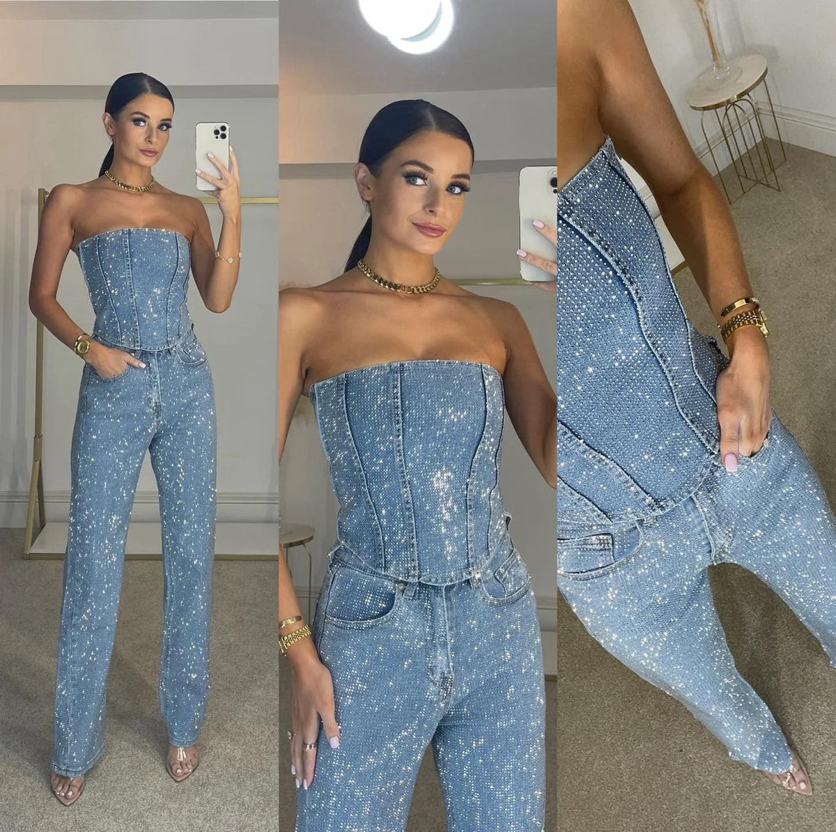 Women’s Glitter Set with Strapless Sequin Crop Top and Jeans