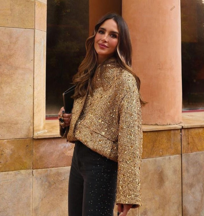 Chic Women's Jacket with Gold Glitter Sequins