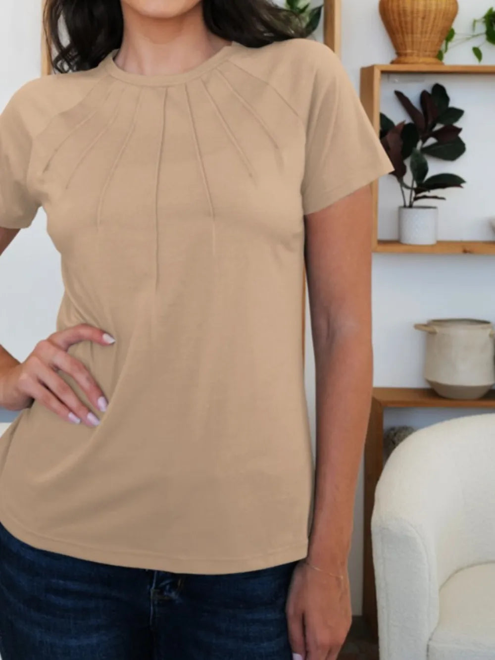 T-Shirt Basic Casual Chic Pleated Slightly Stretchy