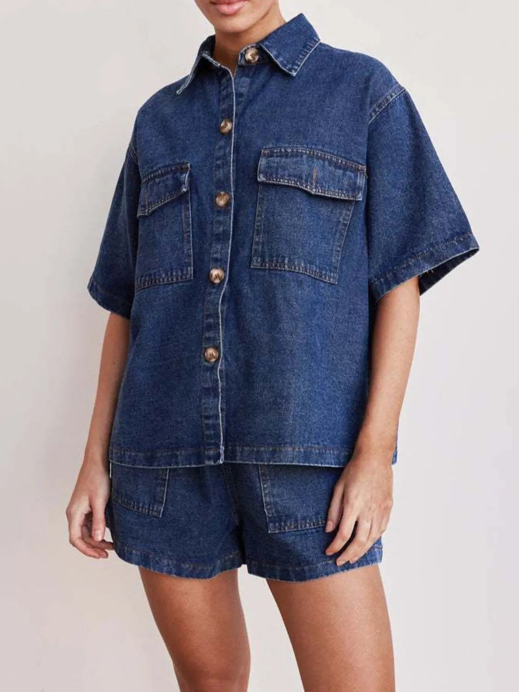 Denim Button-Up Top & Shorts Set