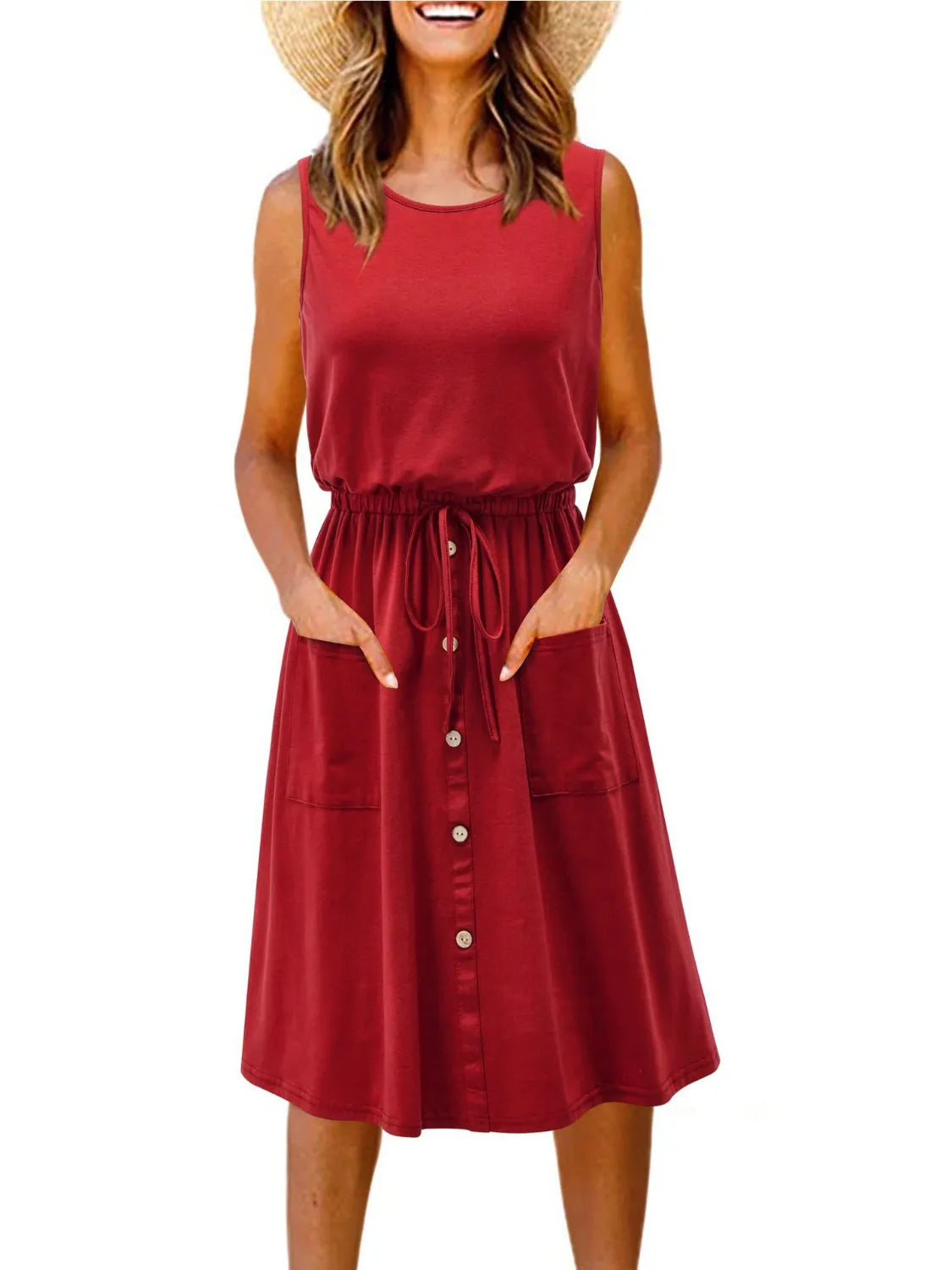 Tank Dress Midi Casual Drawstring Slightly Stretchy
