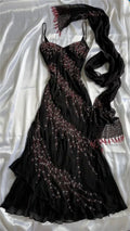 Black Beaded Sling Gown with Matching Silk Scarf, Irregular Hem Evening & Party Dress