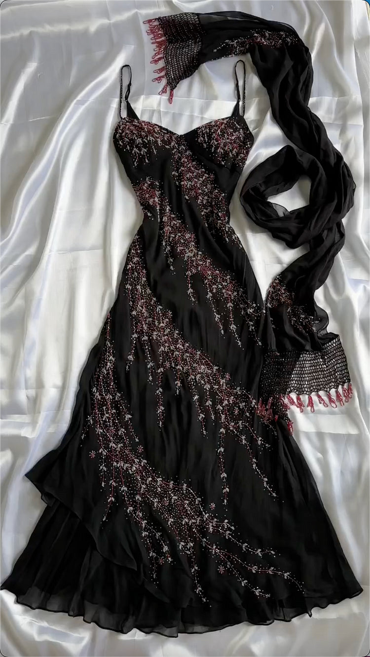 Black Beaded Sling Gown with Matching Silk Scarf, Irregular Hem Evening & Party Dress