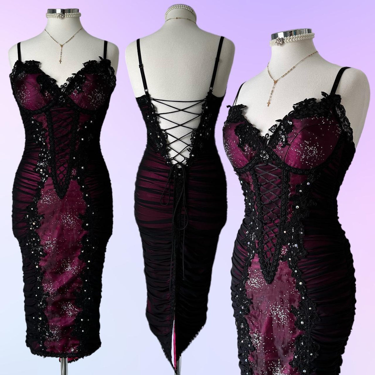 Berry pink stunning vintage fashion pleated mesh midi length elegant lace ball gown evening dress birthday party dress prom dress