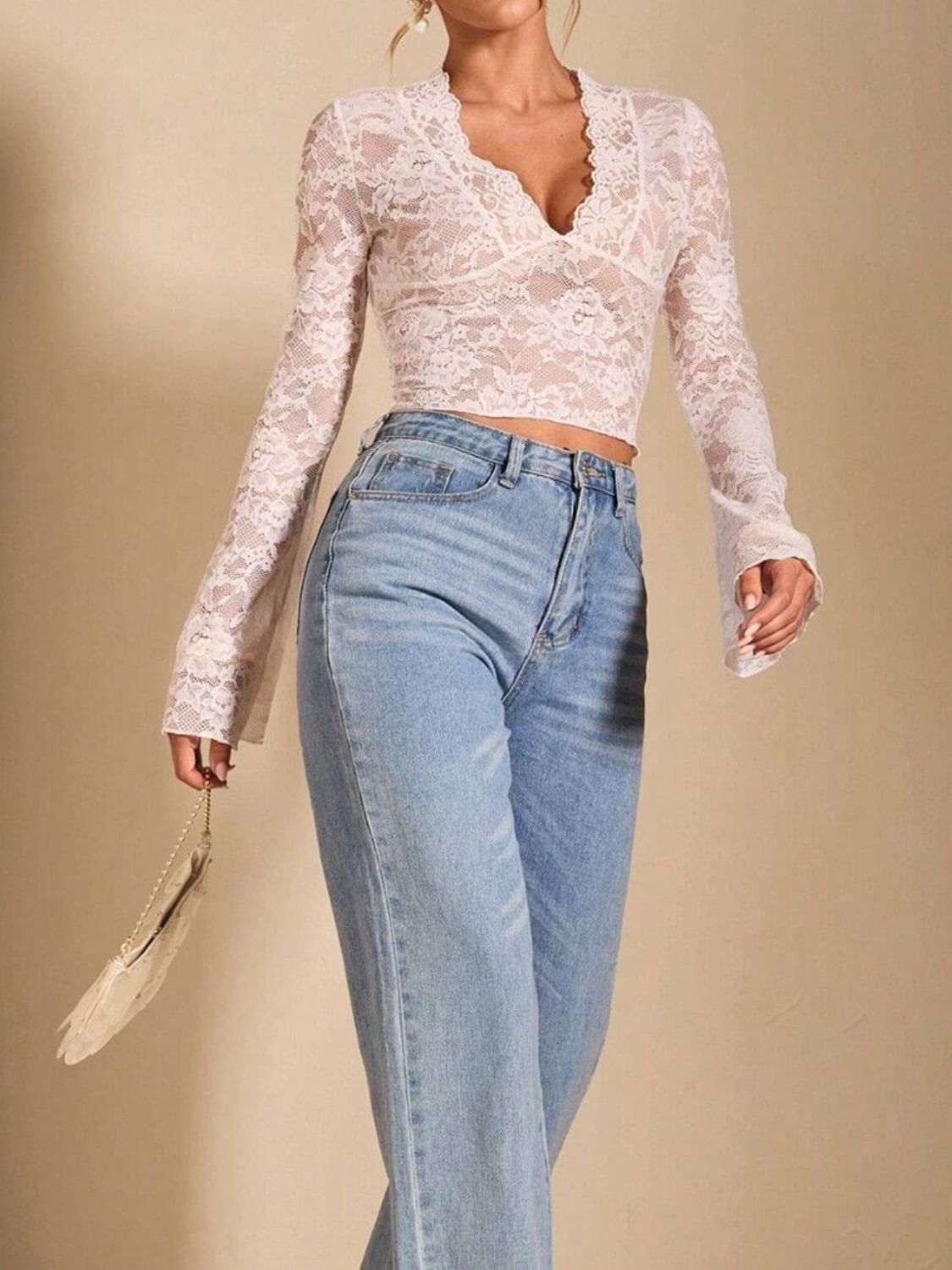 Sheer Lace Blouse Flare Sleeves Slightly Stretchy