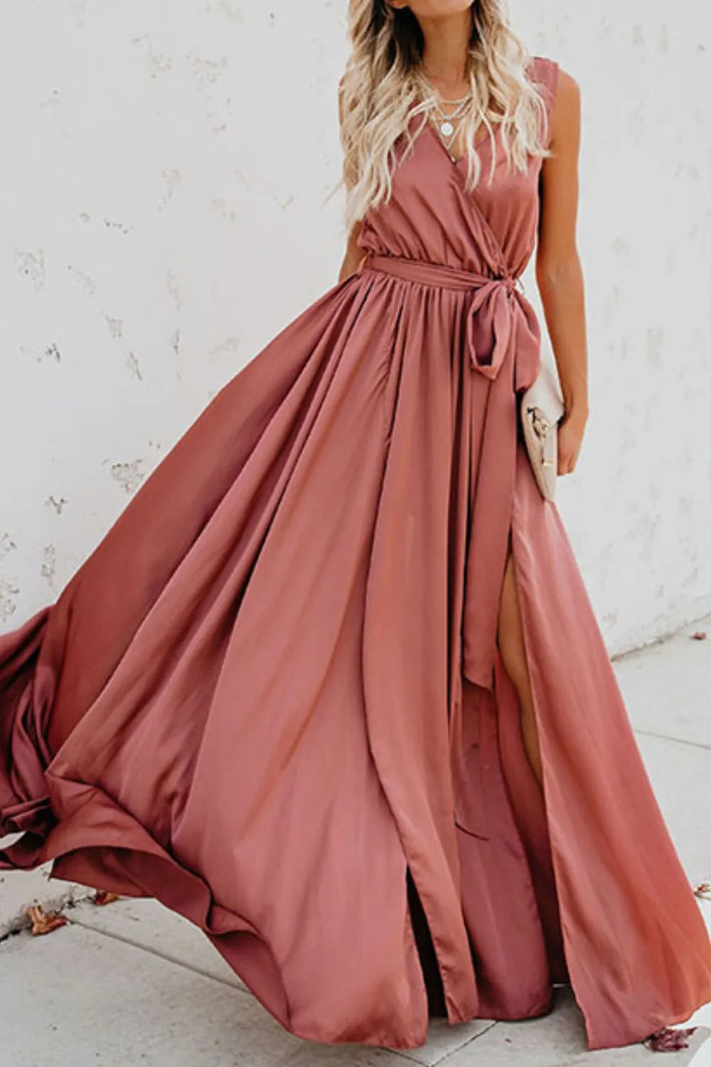 Maxi Dress Surplice Neck Tie Waist Elegant Side Slit Summer