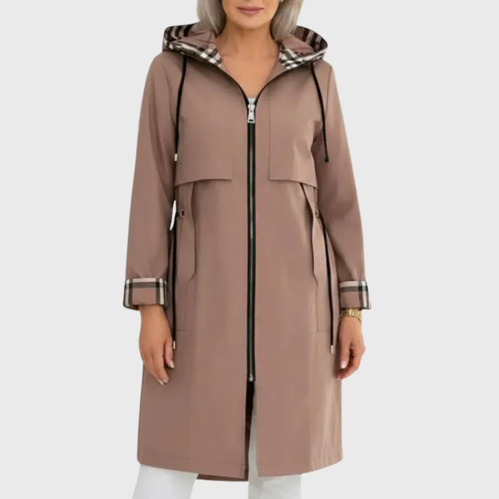 Women's Fitted Long Raincoat with Hood and Zipper