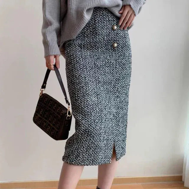 Soft Women's Dark Gray Midi Skirt with Slit and Button Details