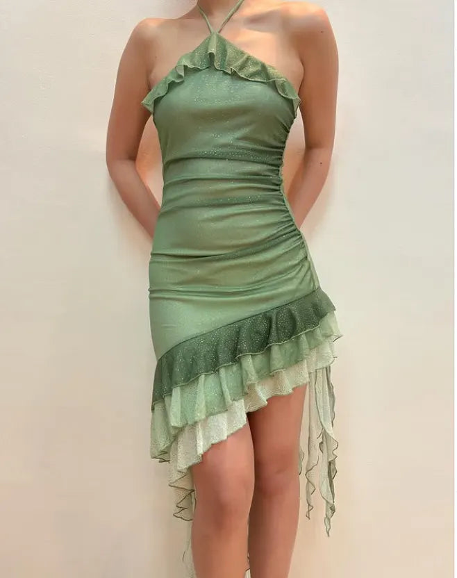 Green shiny ruffle chiffon homecoming dress fashion birthday party dress
