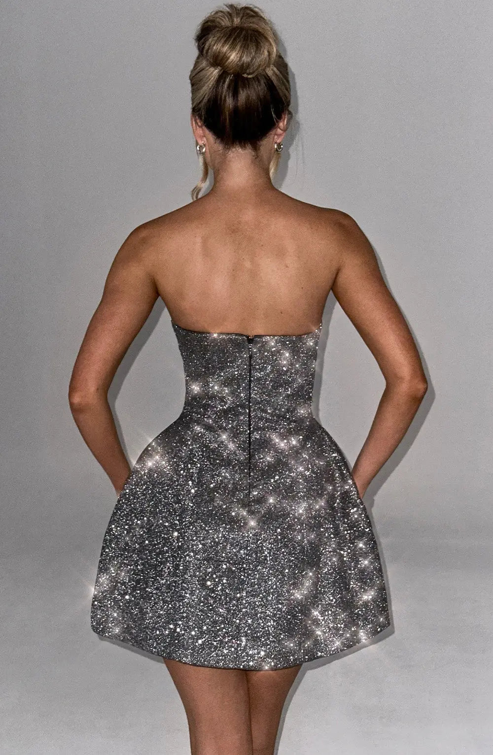 Silver Glitter Cocktail Dress Strapless Mini with Large Bow for Women