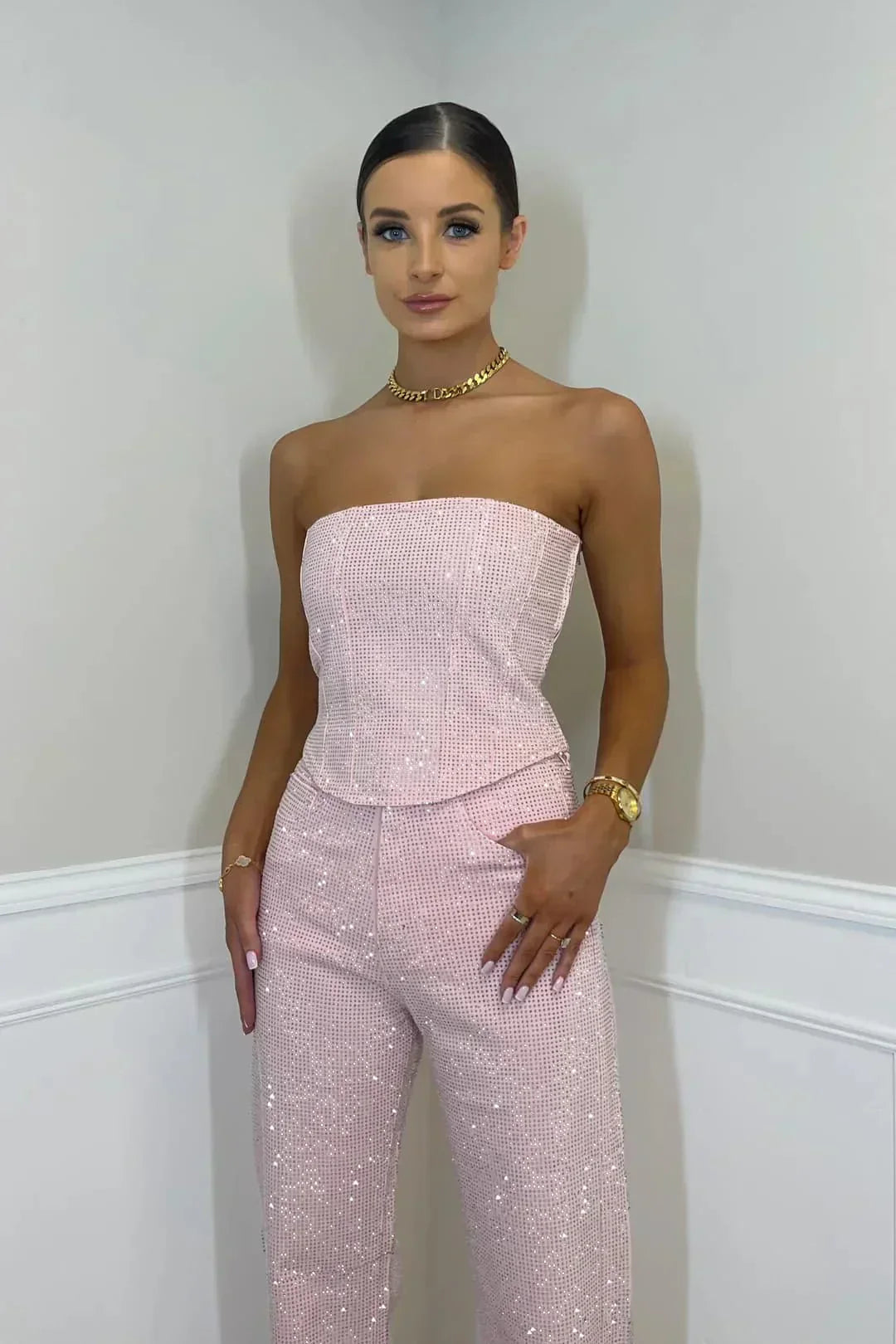 Women’s Glitter Set with Strapless Sequin Crop Top and Jeans