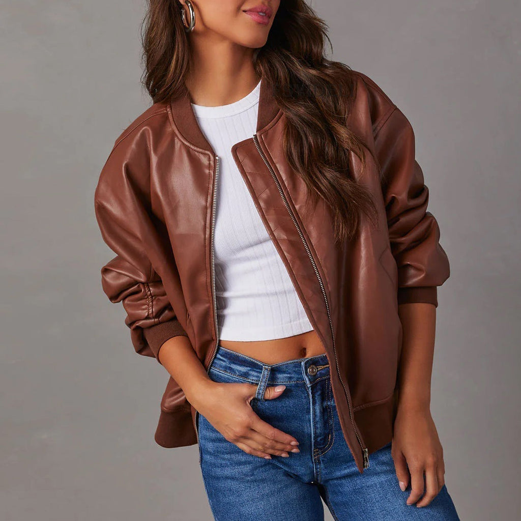 Women's Casual Oversized Faux-Leather Bomber Jacket