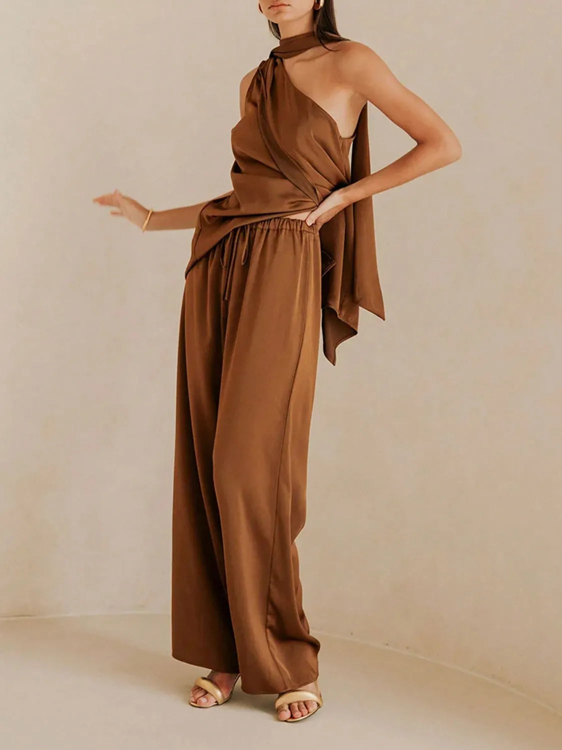 Two-Piece Elegant Casual One-Shoulder Top & Wide Leg Pants