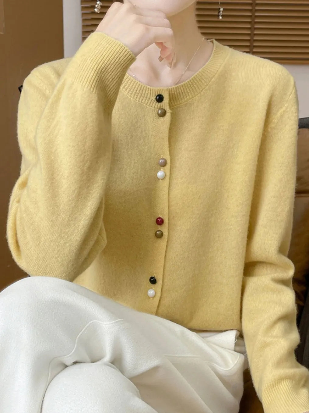 Mya Loose Crew Neck Solid Color Knitted Cardigan