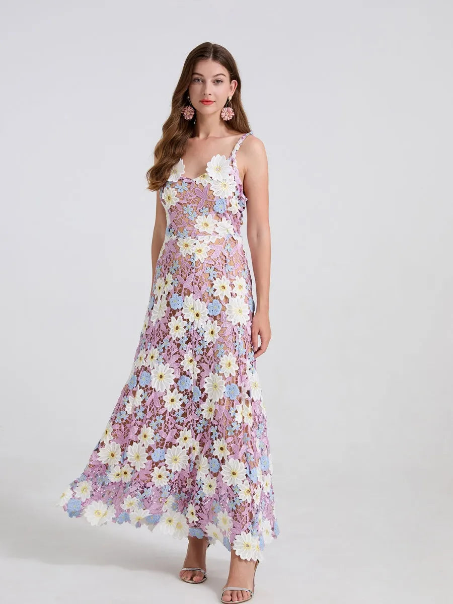 Lace Embroidery Spaghetti Strap Long Dress