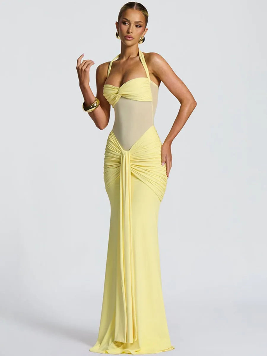 Neckband Lace Up Mesh Formal Dress Maxi Dresses