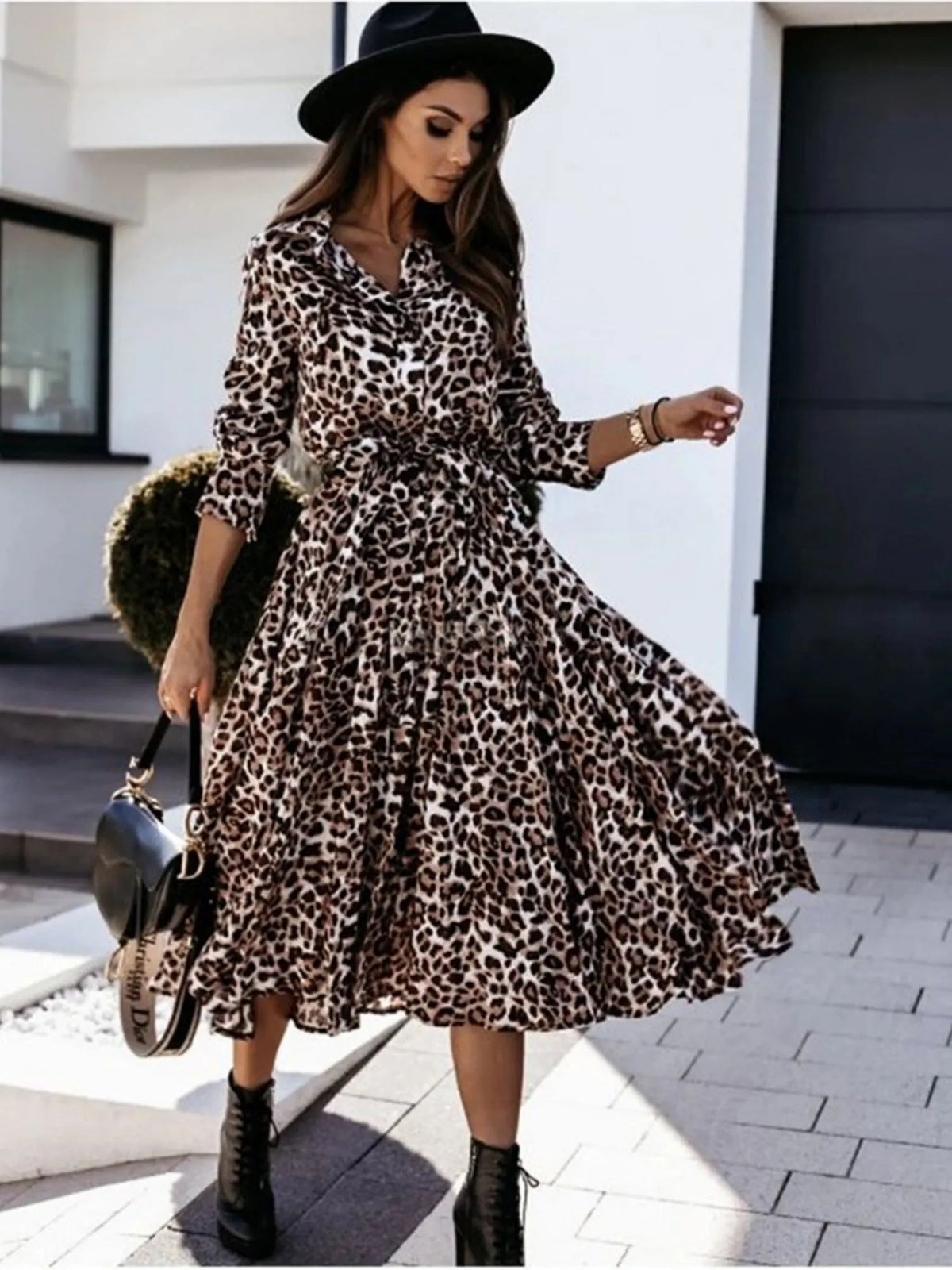 Leopard Print Long Sleeves Large Skirt Maxi Dresses