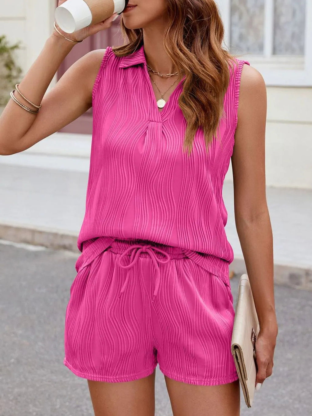 Outfit Set Textured Top & Drawstring Shorts Vacation