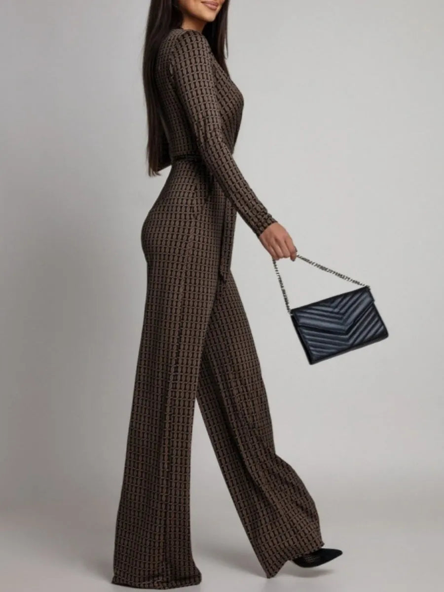 Zebra Print V-neck Long Sleeve Wide-leg Pants Jumpsuits